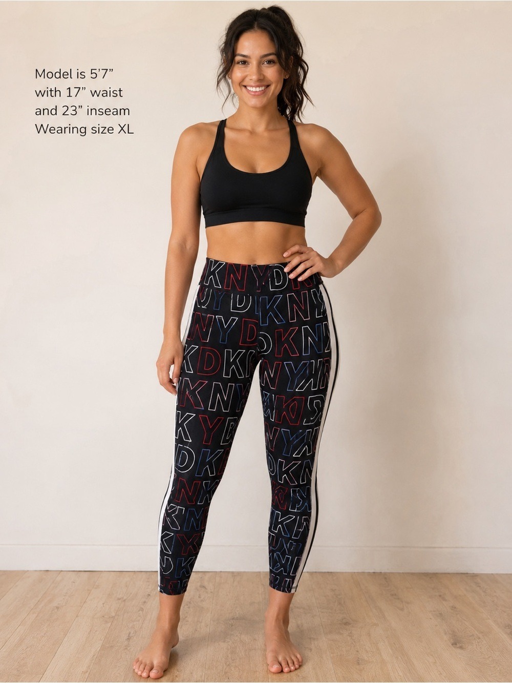 DKNY Sport Logo Mania Crop Leggings XL High Rise Side Stripe Logo Print